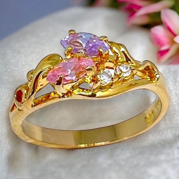 Vintage Ring Size 8 Pink Purple Clear Cubic Zirconia Gold Plate Mid-Century 14L - Picture 1 of 10